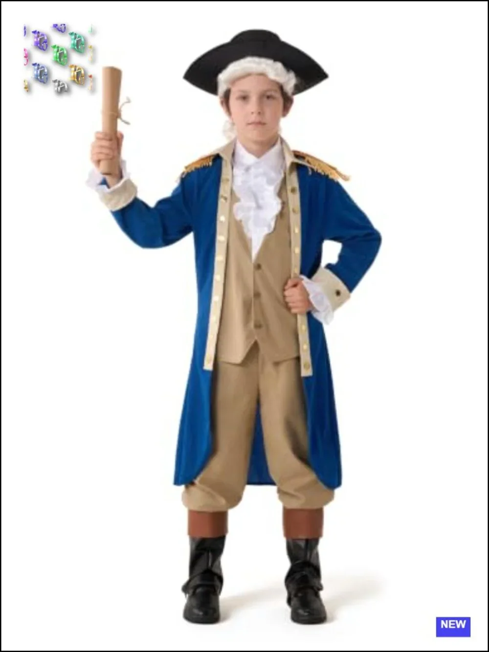 Kids Colonial Historical Costume with Wig and Hat for Boys Halloween Dress Up